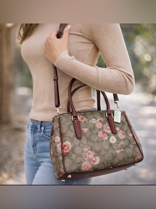 COACH Brown Signature Floral Satchel with Pink Accents - Picture 2 of 7